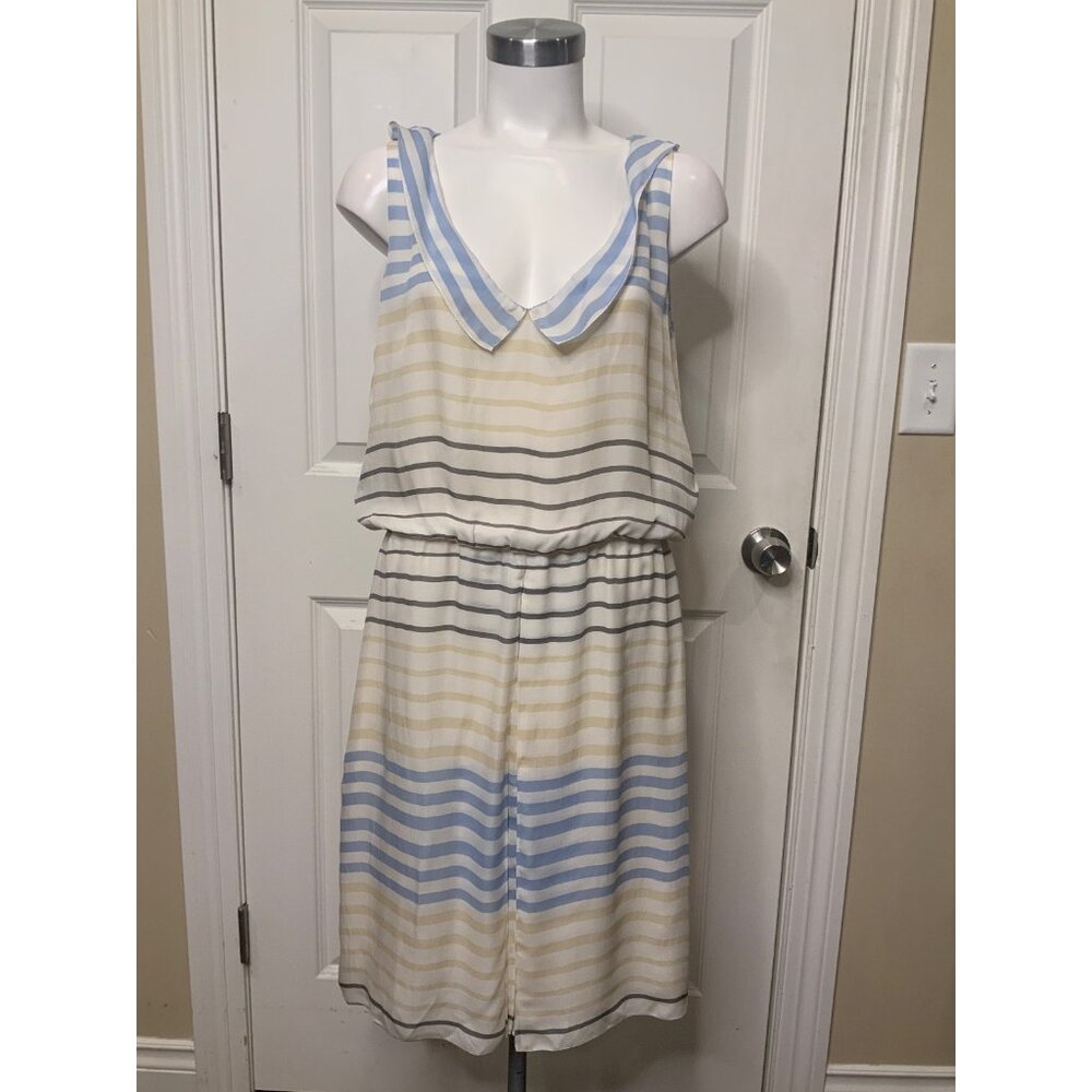 L'Agence Blue, Tan, Cream & Gray Striped V-Neck Collared Dress, Size 8